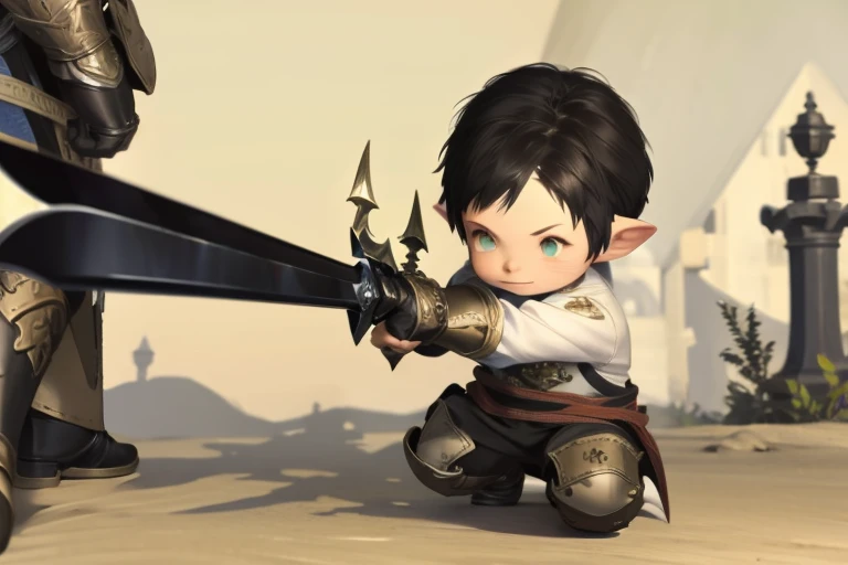 （Adventurer）、（One boy）、One knee on the floor、Fearless smile、Look away、four-headed body、Chibi character、Bell-shaped body、Hold a big sword、Final Fantasy14、Lalafell、Short haired man with black hair、Fantasy background of city with blue sky、