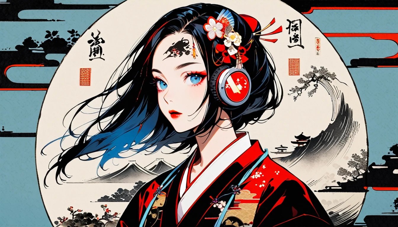 (((Ink Painting))), Fashion portrait color photos, (((1 girl))), (((Tattoo in the center of the forehead))), (((Very flashy hair accessories))), (((Very flashy makeup))), Japanese style headphones, Japan人の美女, Black Hair, Delicate and precise, Modern ukiyo-e style, round face, Japan, Japanese flag, Red and blue background