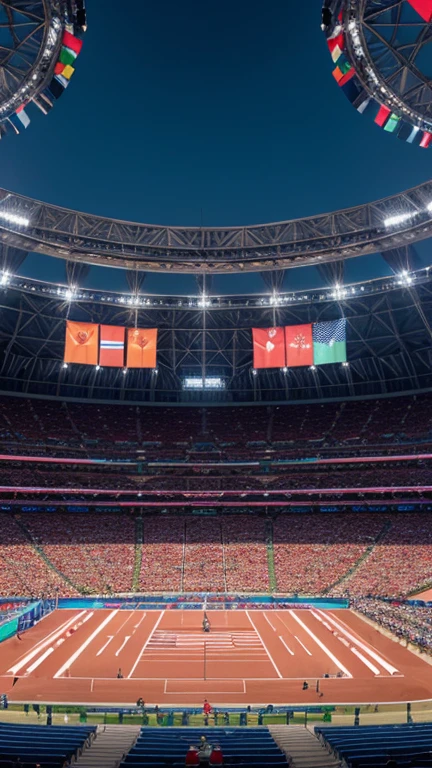 Realistic depiction of the Olympic Games stadium filled with cheering crowds, athletes competing in various sports like track and field, gymnastics, and swimming. Detailed focus on the expressions of determination on the athletes' faces, the intricate design of the stadium, and the vibrant colors of the national flags waving. Cinematic composition, trending on ArtStation.