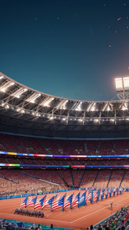 Realistic depiction of the Olympic Games stadium filled with cheering crowds, athletes competing in various sports like track and field, gymnastics, and swimming. Detailed focus on the expressions of determination on the athletes' faces, the intricate design of the stadium, and the vibrant colors of the national flags waving. Cinematic composition, trending on ArtStation.