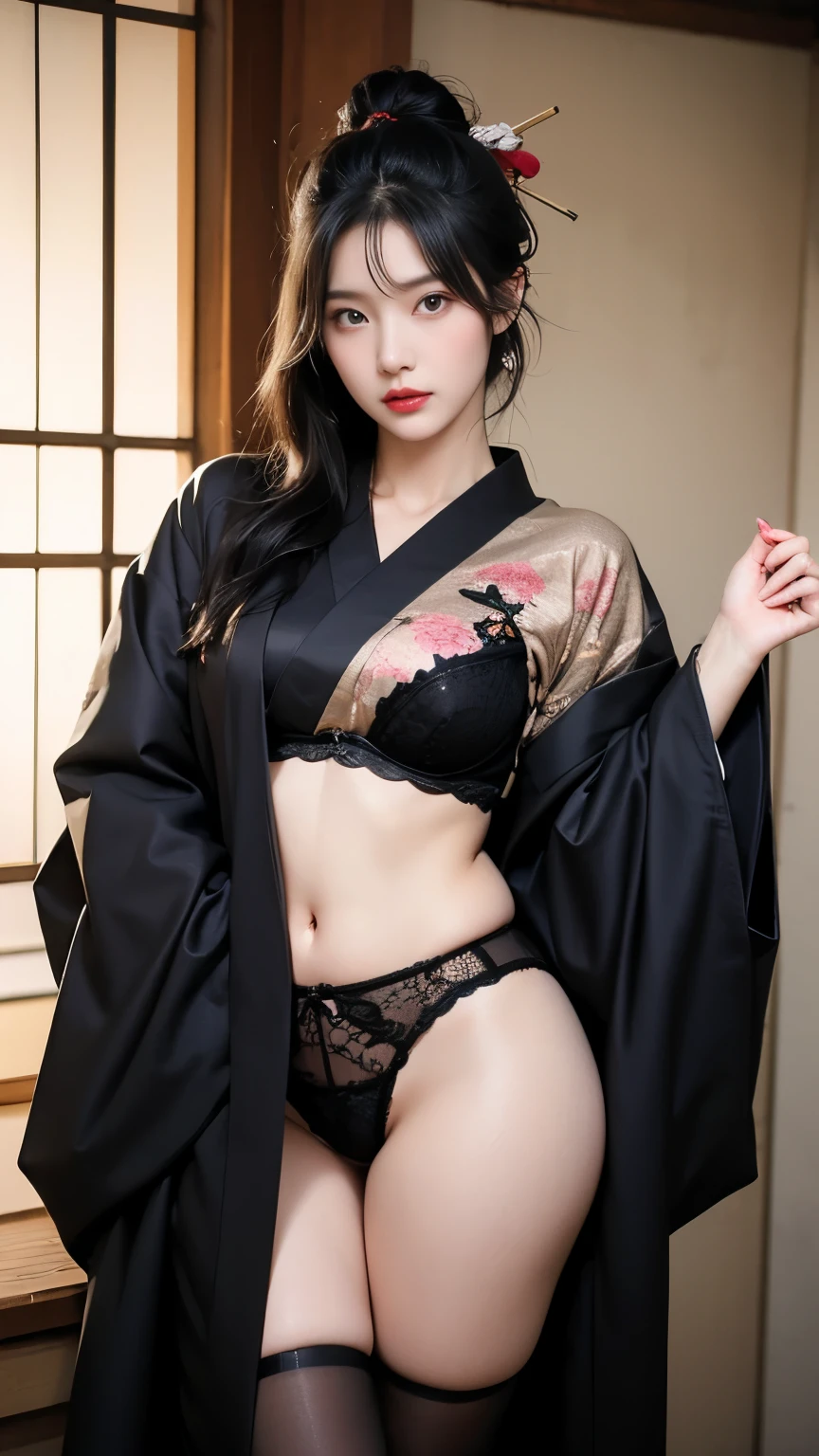 ((Highest quality)), ((masterpiece)), (detailed), One girl, Traditional bathing Japanese kimono、White、glamorous、Black Hair、The back is hidden、Red gorgeous obi、butt is hidden