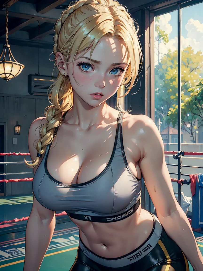 locker room,track suit,(Thin type:1.5),(large breasts),(random hairstyle),(Highest image quality,(8K), Ultra-realistic, Best Quality, High quality, High Definition, high quality texture, high detailing, Beautiful detailed, fine detailed, extremely details CG, Detailed texture, realistic representation of face, masterpiece, presence) BREAK ,(motion blur),boxing ring,1boxing referee,1trainer,audiences,[nsfw:2.0],　(((ultra realistic))), photo, masterpiece, best quality, trending on artstation, (long blonde hair:1.2), (detailed eyes:1.2), heavy eye makeup, mascara, detailed hair, shiny skin, (focus on face and cleavage:1.1) (detailed skin and pores:1.3), large breasts, cleavage, (wearing grey sports bra:1.3), (wearing yoga pants:1.1), slim waist, perfect hips, bokeh, depth of field, soft lighting, (play of light and shadow:1.2), ultra detailed　1990s anime, girl, cute, moreno, masterpiece, 4k, blonde hair, olhos pretos, in bar, wine A Gentle Girl with Golden Locks Engaged in Table Tennis. art by (Carl Larsson:1.2), (Post-Impressionist), ((Oil Painting)), Soft Lighting, Cool Tone, cammy sf6, 1 Girl, Solo, Blonde Hair, Short Hair, Absurd Resolution, A High-Resolution Masterpiece:1.4, ((Gentle Curtains of Gold)), 