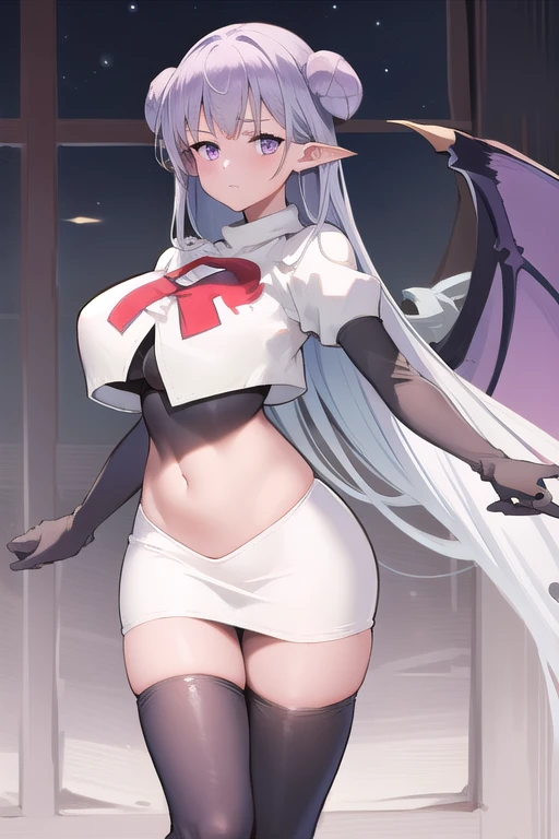 1girl,blue-purple eyes,large breasts,albionsuccubus,bat wings, team rocket,team rocket uniform,white skirt,red letter R,crop top,black thigh-highs,black elbow gloves
 