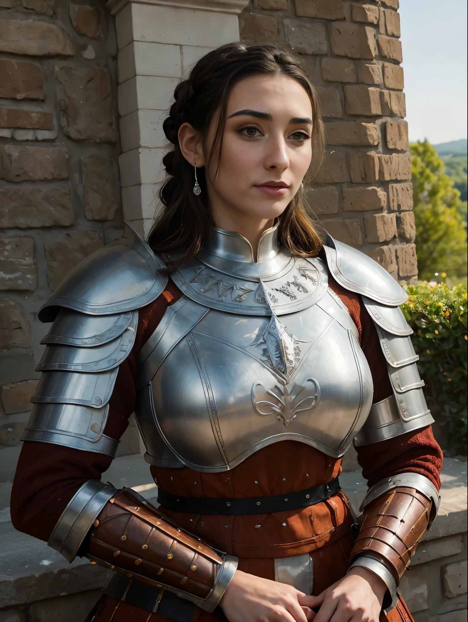 Gorgeous and sultry busty athletic (thin) brunette queen with sharp facial features wearing a modest updo, crown braid, ornate ceremonial (plate armor), dark red tunic, dark red hauberk, silver medieval armor, long sleeves, intricate patterns, filigree, gauntlets, pauldrons, breastplate, crown, silver belt, (waist chain), medieval jewelry, Middle Ages, castle, rampart, wall, exterior, on top of a castle wall, trees, countryside, evening, sunset.