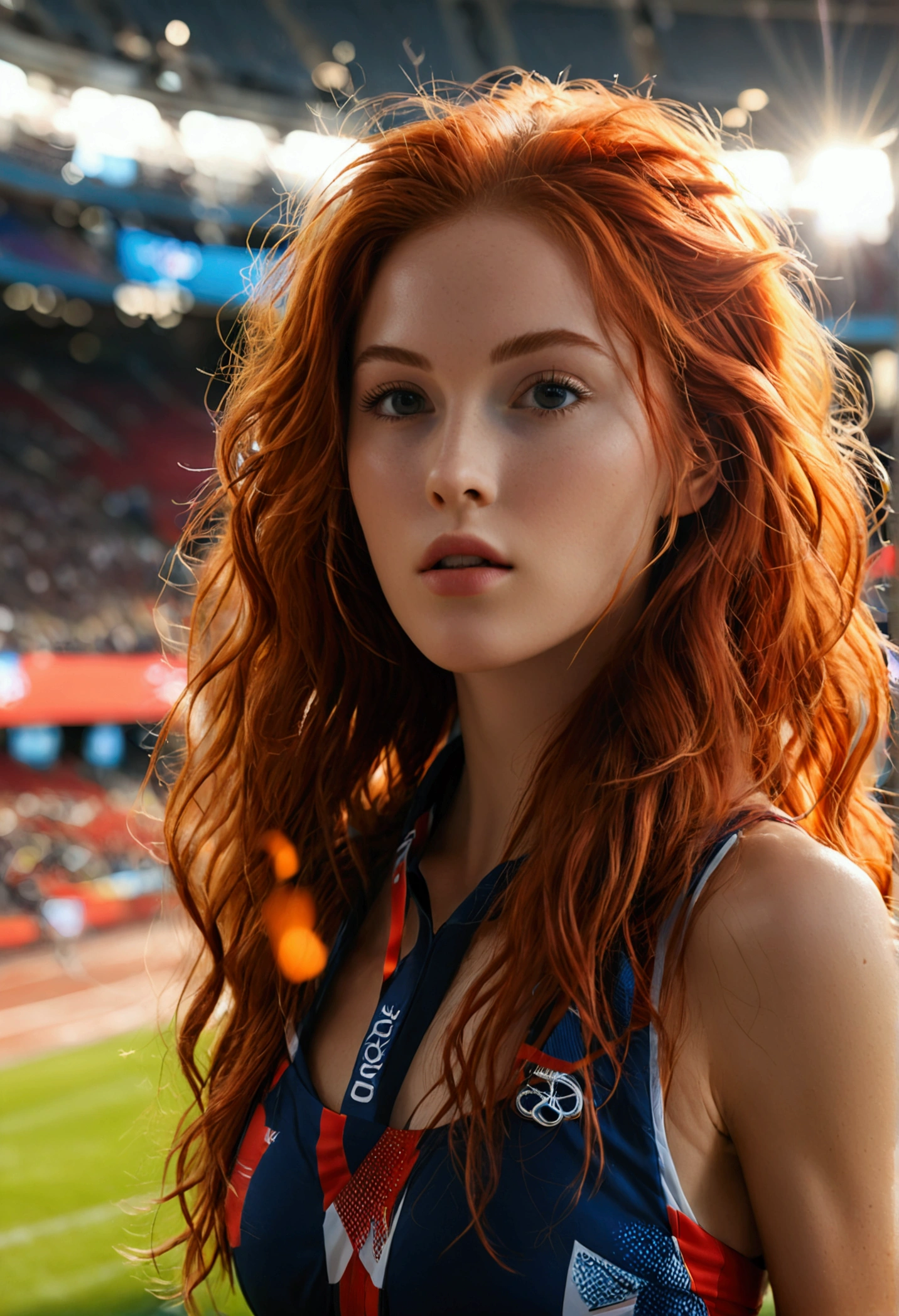 ultra realistic, photography, long red hair, girl, 24 years old, hourglass figure, perfect body, Flirty look, natural breasts, blur background, in a sold out olympic stadium, being an olympic runner, running, Number 001, wide shot (wide shot)