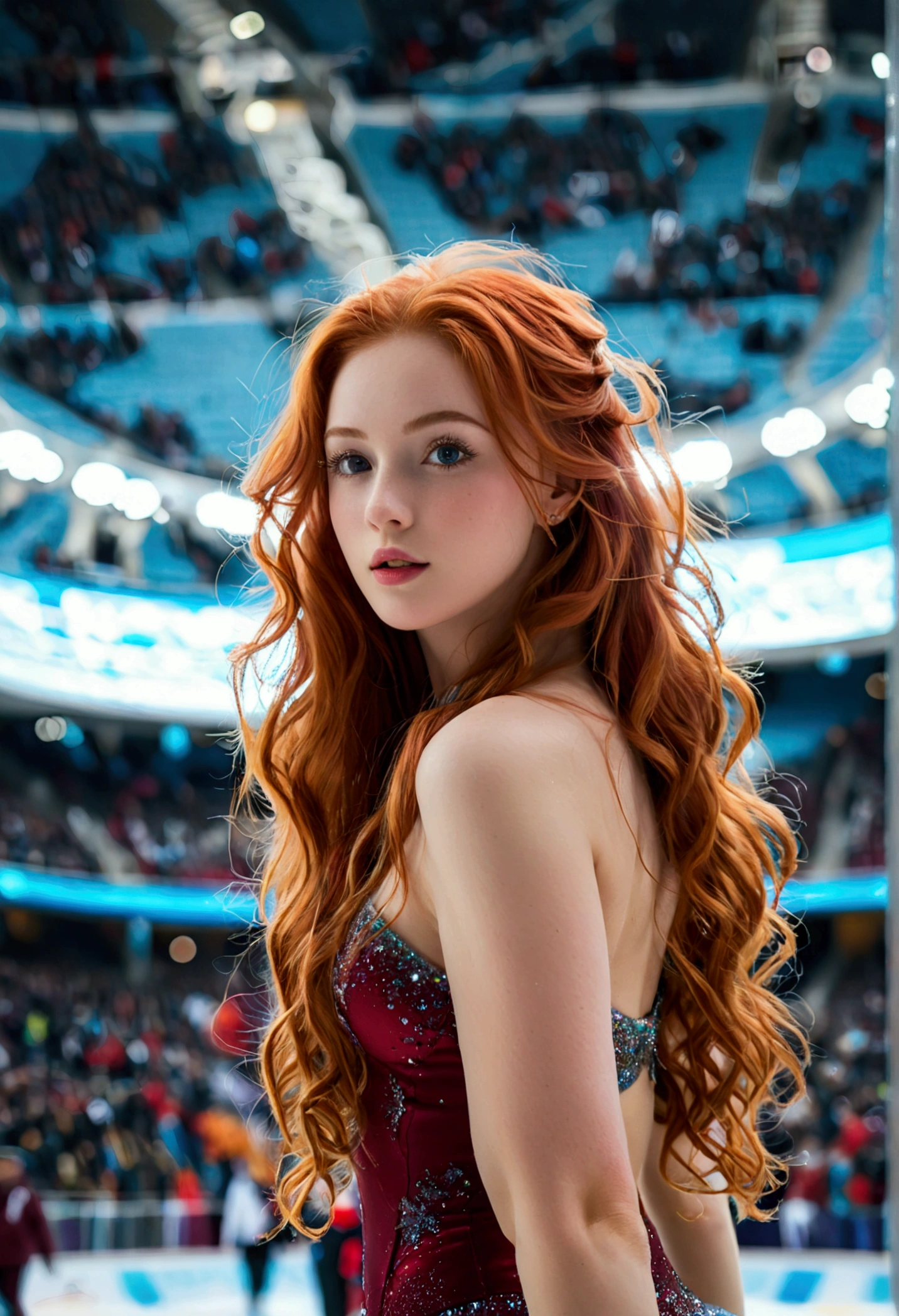 ultra realistic, photography, long red hair, girl, 24 years old, hourglass figure, perfect body, Flirty look, natural breasts, blur background, in a crowded olympic stadium, doing some ice skating, doing skating figures on ice, full body, (full body) (wide shot)