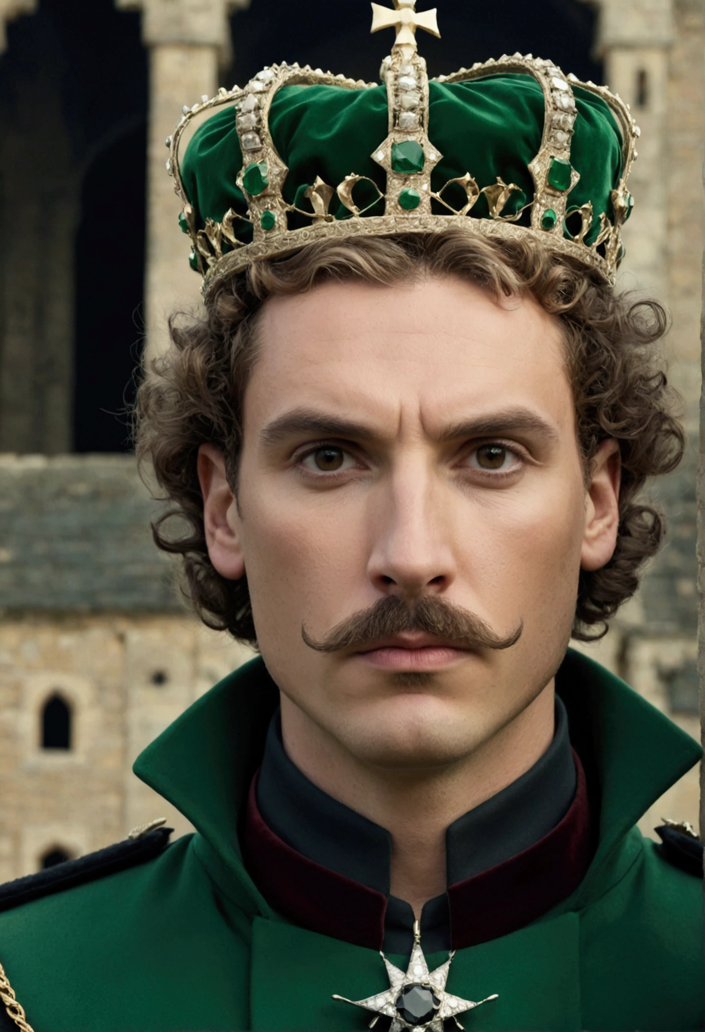 Short-haired, curly, white-skinned, king with a mustache and stubble, with brown eyes,Dressed in dark green royal clothes, with a stern, cold look, with thick eyebrows. with a crown on his head against the backdrop of a brutal castle