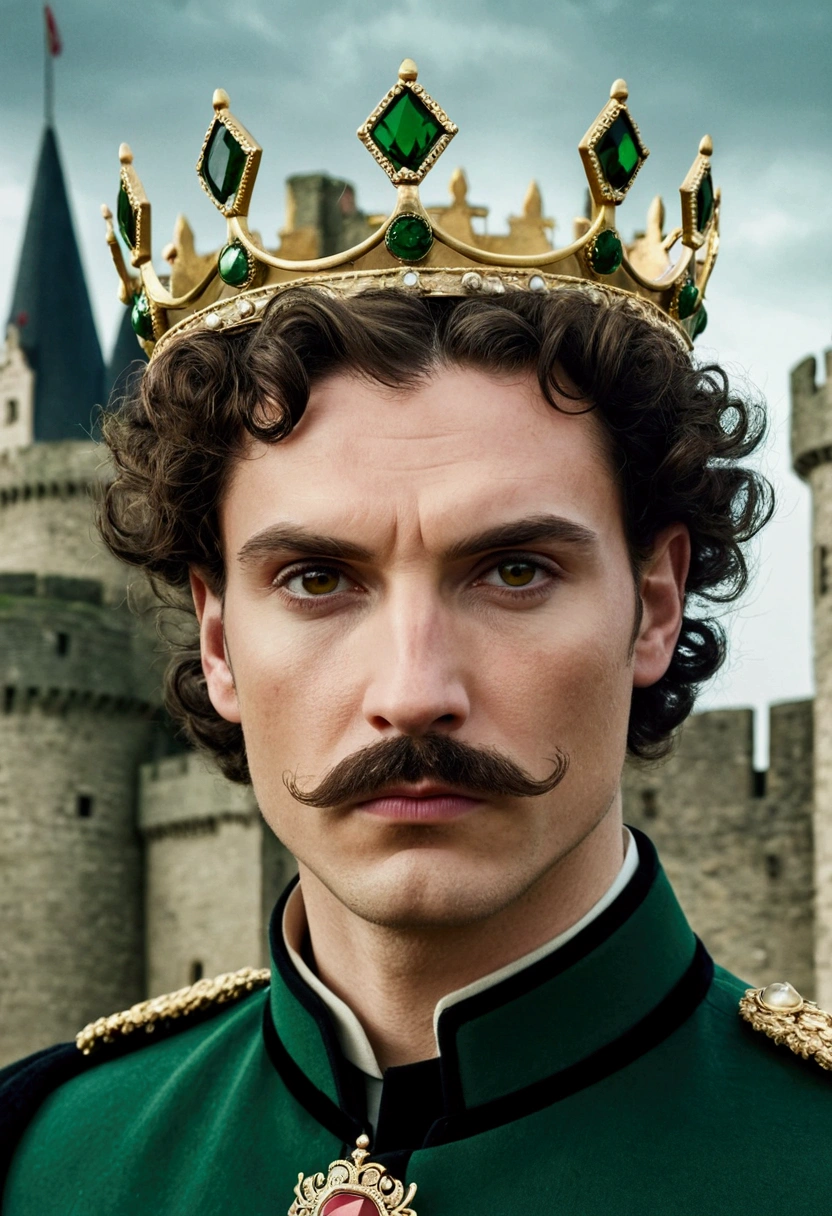 Short-haired, curly, white-skinned, king with a mustache and stubble, with brown eyes,Dressed in dark green royal clothes, with a stern, cold look, with thick eyebrows. with a crown on his head  against the backdrop of a brutal castle  