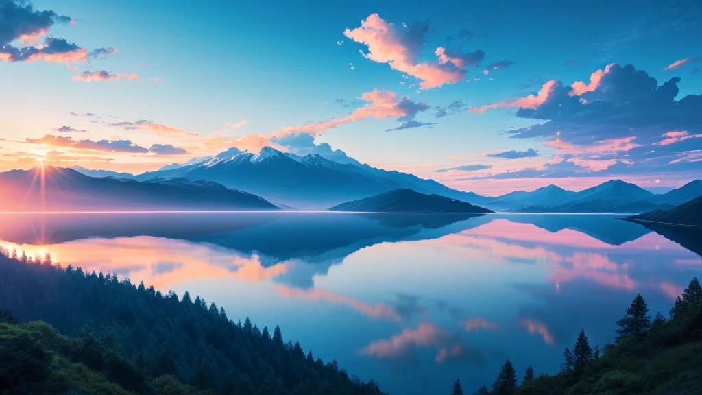 爽やかさのあるLandscape images Bright atmosphere Vast sky image Landscape images There is a lake in the distance nature