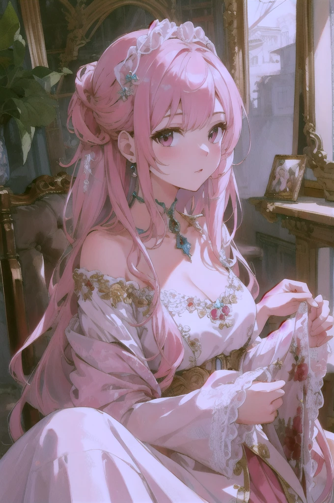 Highest quality, Ultra-high resolution, Beautiful face in every detail, masterpiece, beauty, Precision, Detailed illustrations,Pink Hair,rest one's chin on one's hand,look down,Baby Face,arrogant,Taunt,profile,Oblique angle,Nihilistic smile,hoodie,strong,Rape Eyes,dark,Illness,