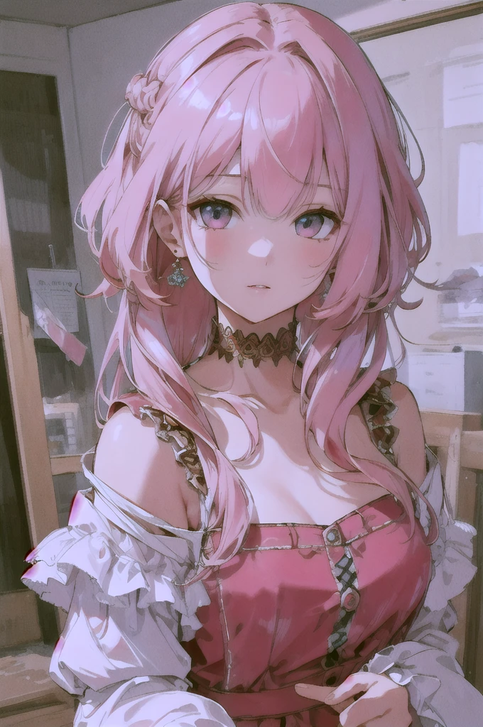 Highest quality, Ultra-high resolution, Beautiful face in every detail, masterpiece, beauty, Precision, Detailed illustrations,Pink Hair,rest one's chin on one's hand,look down,Baby Face,arrogant,Taunt,profile,Oblique angle,Nihilistic smile,hoodie,strong, Eyes,dark,Illness,