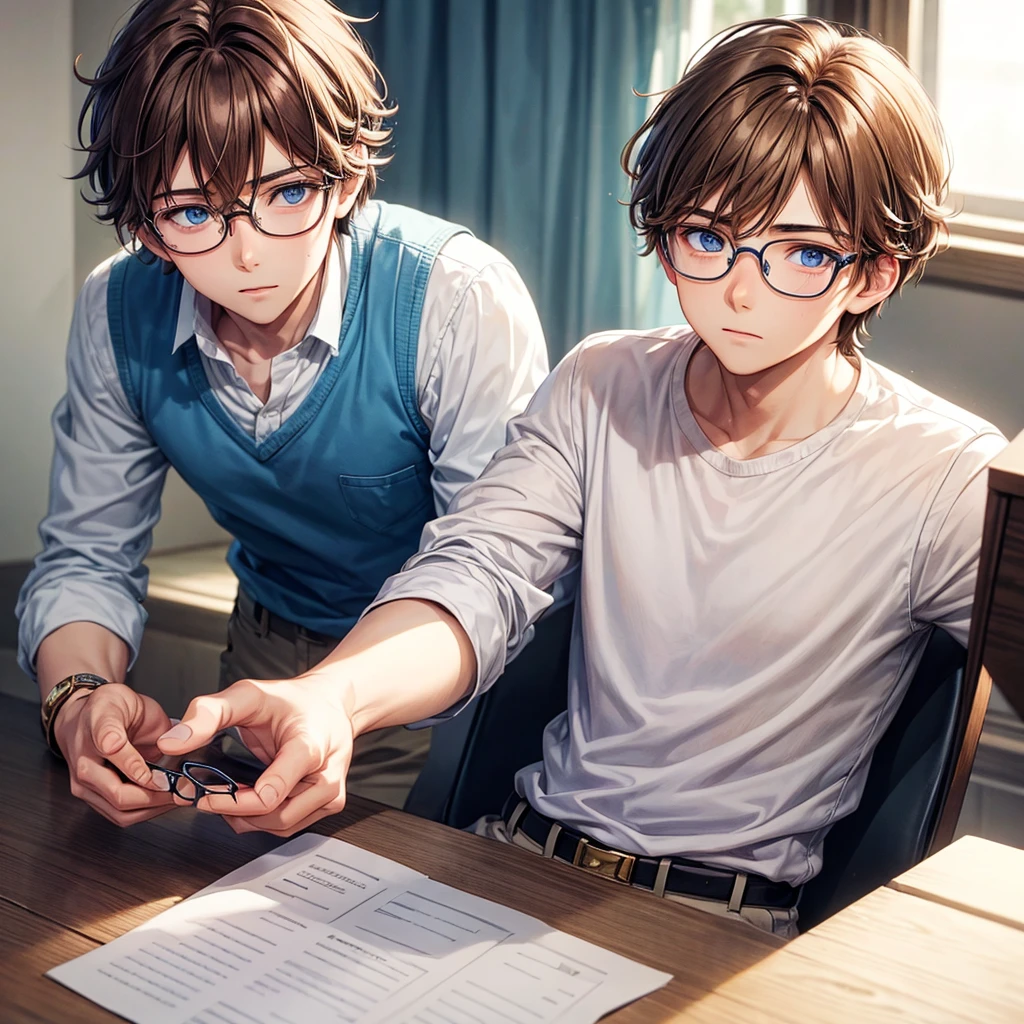 a boy with light brown hair and blue eyes is wearing a white shirt and glasses, Beautiful anime style, 