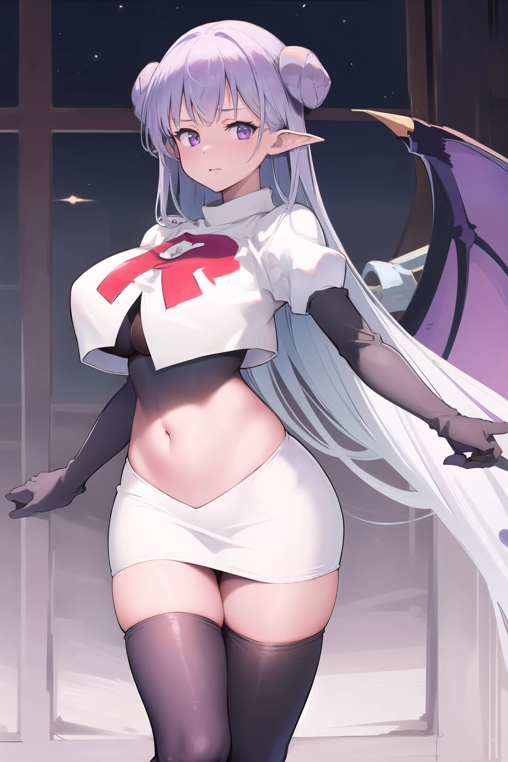 1girl,blue-purple eyes,large breasts,albionsuccubus,bat wings, team rocket,team rocket uniform,white skirt,red letter R,crop top,black thigh-highs,black elbow gloves
 