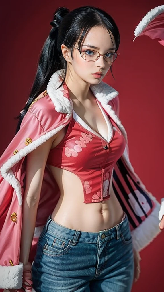 Moisturized skin, (beautiful eyes), realistic body, (adult female body), ((shy)), looking diagonally downward, (red frame glasses: 1.4),
BREAK,
bright red lipstick, (beautiful navel),
BREAK,
(folded ponytail: 1.2),
BREAK,
((masterpiece + highest quality + high resolution + highly detailed)), (full body: 1.2), symmetrical, one shot,
BREAK,
(leaves fluttering), (wind blowing), (battle stance: 1.4),
BREAK,
(ONE PIECE: 1.3), elegant, navy, colonel, (large Japanese sword), glasses, black hair, pink long coat, epaulettes, pink gloves, long coat draped over shoulders, open shirt, tight shirt, floral shirt,