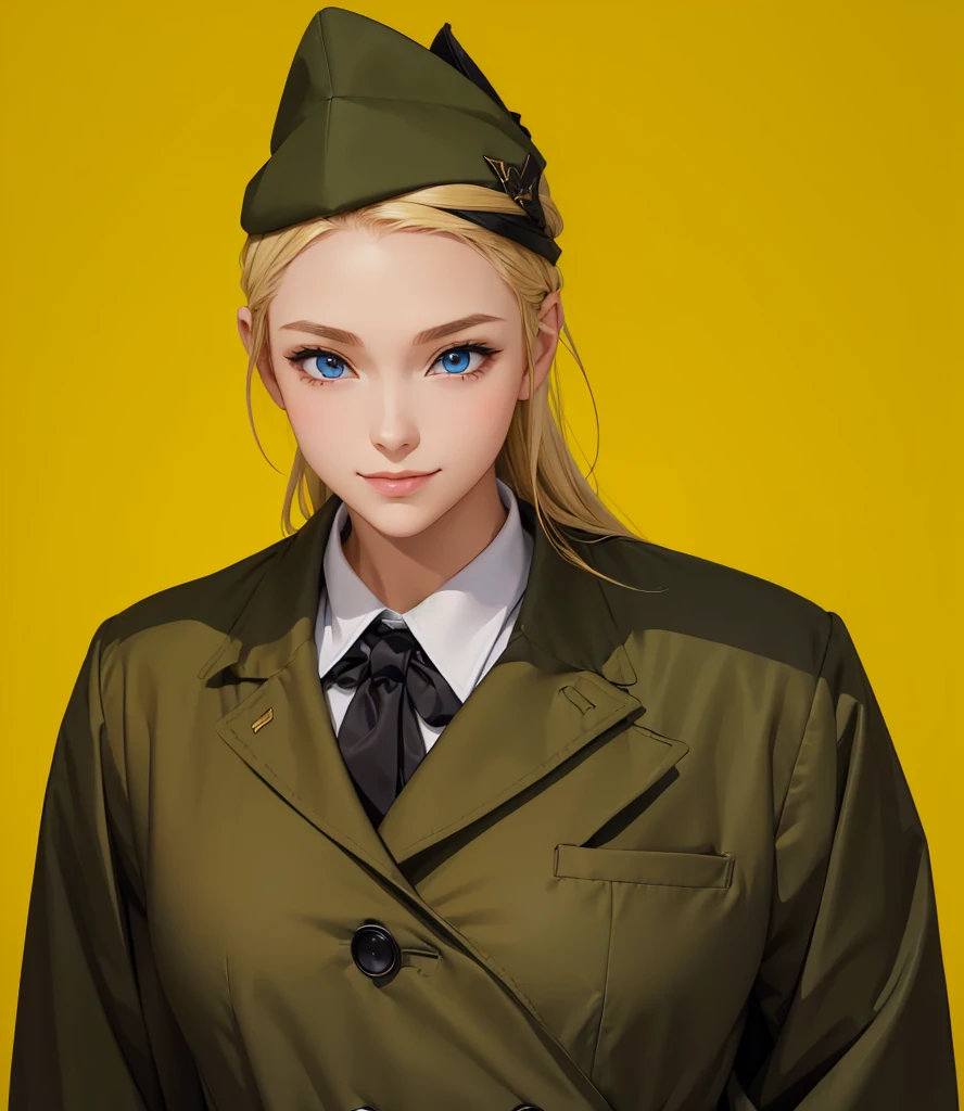 Female, (girls:1.5), (exceptional, best aesthetic, new, newest, best quality, anime, waifu:1.2), best quality, ultra detailed, absurdres, highres, colored, good anatomy, normal eyes, centered eyes, no cockeyed, no cross-eyes black hair, pretty smiling kind face, blonde hair, blue eyes, olive color soft hat, olive color coat, inside white shirt, black tie,