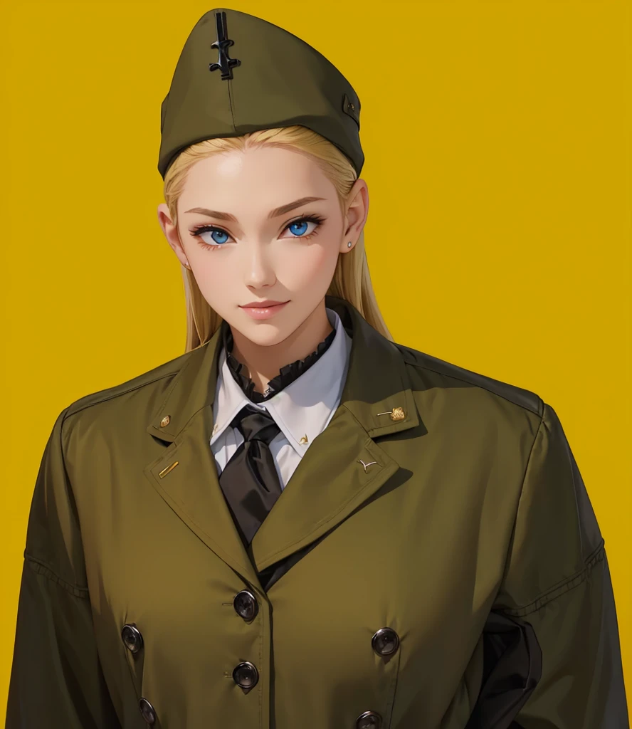 Female, (girls:1.5), (exceptional, best aesthetic, new, newest, best quality, anime, waifu:1.2), best quality, ultra detailed, absurdres, highres, colored, good anatomy, normal eyes, centered eyes, no cockeyed, no cross-eyes black hair, pretty smiling kind face, blonde hair, blue eyes, olive color soft hat, olive color coat, inside white shirt, black tie,