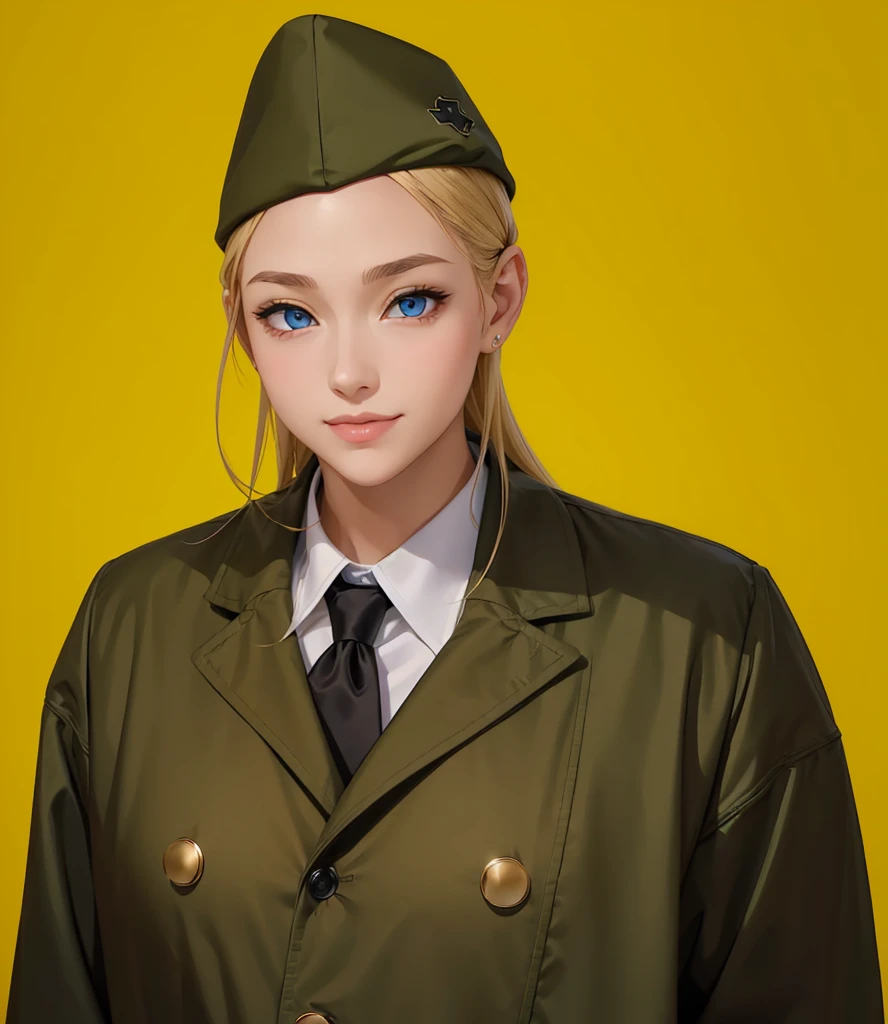 Female, (girls:1.5), (exceptional, best aesthetic, new, newest, best quality, anime, waifu:1.2), best quality, ultra detailed, absurdres, highres, colored, good anatomy, normal eyes, centered eyes, no cockeyed, no cross-eyes black hair, pretty smiling kind face, blonde hair, blue eyes, olive color soft hat, olive color coat, inside white shirt, black tie,