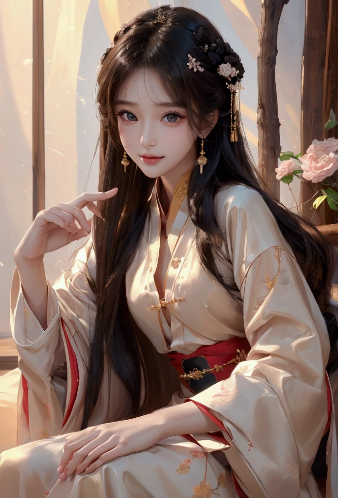 Best image quality、8k、masterpiece:1.3))、Realistic high-quality photos、Highest quality、 Beautiful face、Photos of slim models、Beautiful girl model、Young and pretty face、Beautiful model girl、A lovely and delicate face、Black Hair、Beautiful brown eyes、Young Body、Hanfu, (emphasize)、from the front、Camera gaze,、Anatomically correct、胸の谷間をemphasize、whole body、13-year-old female model、smile