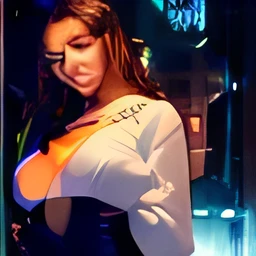 ((Best quality, 8k, Masterpiece :1.3)), Whole body, Sharp focus :1.2, A pretty woman with perfect figure :1.4, Slender abs :1.2, ((Dark brown hair, Big breasts :1.2)), body dress :1.1, (Night city view, Modern balcony :1.1), Highly detailed face and skin texture, Detailed eyes, Double eyelid, Small Bust, OL Uniform, Office Wear, white T-shirt, exposed cleavage, (Black Pantyhose), (No Panties), Interior Scene, Office