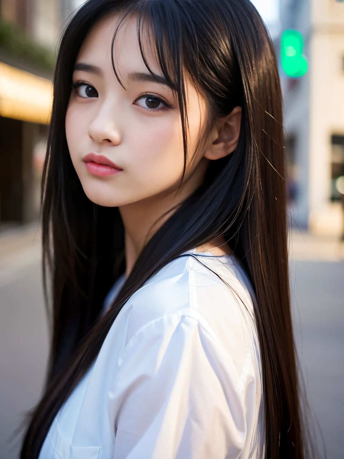 (Best-quality, Masterpiece, Ultra-High-Resolution, (Photorealistic:1.4), Raw Photo, depth of field, professional lighting, perfect anatomy, extremely details), 1girl, 15-years-old, the most famous Japanese idol, wearing black-business-suit, standing in street, (extremely cute face, (extremely cute and extremely big black-eyes), extremely cute and extremely black-long-hair, (extremely beautiful and extremely realistic skins), extremely cute long-eyelashes, extremely cute lips)