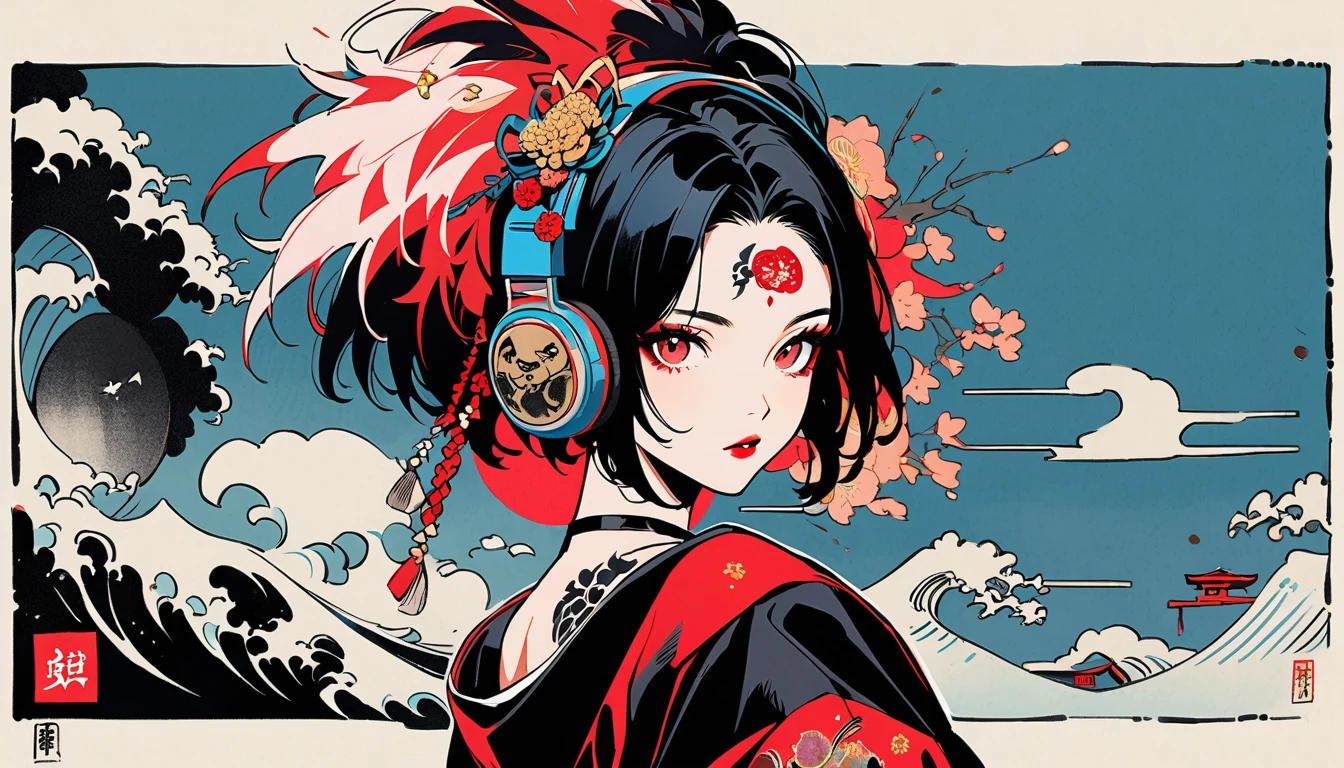 (((Ink Painting))), Fashion portrait color photos, (((1 girl))), (((Tattoo in the center of the forehead))), (((Very flashy hair accessories))), (((Very flashy makeup))), Japanese style headphones, Japan人の美女, Black Hair, Delicate and precise, Modern ukiyo-e style, Demon Possession, Red eyes, Japan, Japanese flag, Red and blue background
