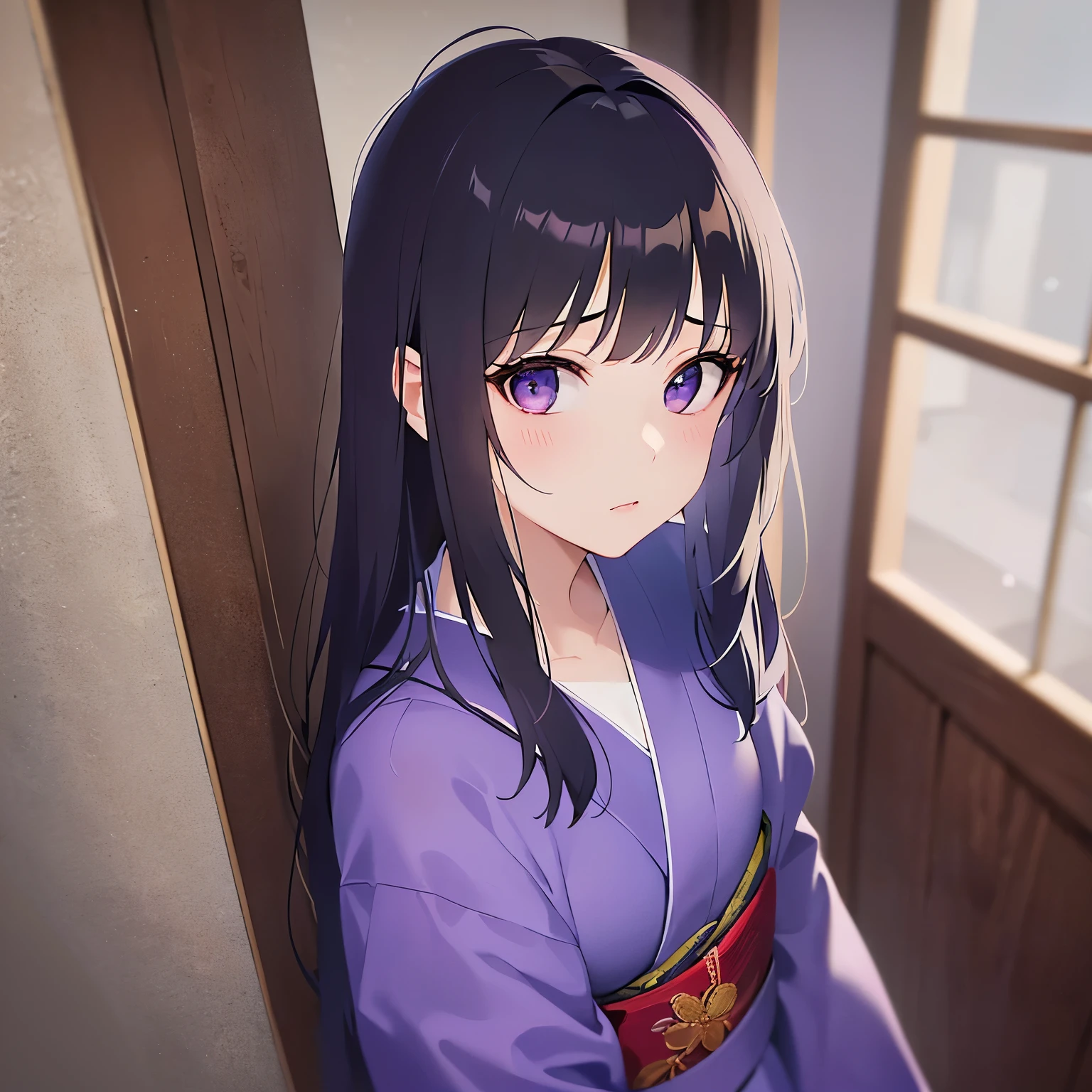 Upper Body,(looking at viewer:1.5)、Shooting from above、
Realistic, real person, (pale skin: 1.2), RAW photo, photorealistic, shiny skin, shiny hair、
(A 25-year-old woman with straight hair and bangs) and (medium hair) and (black hair) and (purple eyes) , 
(purple) and (yukata),blush,frown,The background is a Japanese-style door at night
