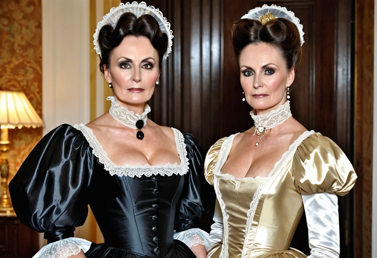 spectacularly beautiful 45 yo trophy wife with elegant makeup wearing a very strict Victorian gown with massive crinoline, tall starched lace collar and puff sleeves. shiny metallic gold silk taffeta. arrogantly standing at Carlton Towers guest suite. attended by her identical twin sister who is dressed in a black pvc formal chambermaid uniform. upper body view