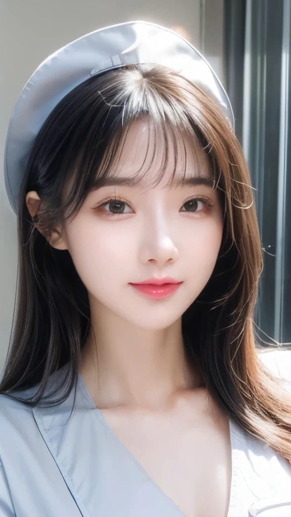 (photo Practical:1.4), (hyper Practical:1.4), (Practical:1.3), (Smoother lighting:1.05), (Improve the quality of lighting:0.9)、Natural light、Professional photos, Practical portrait,(1 female), Medium Length Hair, Beautiful face and eyes, Very cute face, Smile, vitality, vitality, (Real short nurse:1.2), Light pink, White, (Chest Nurse:1.4), (Ward), Whiteい壁紙, Sexy girl portrait,photograph