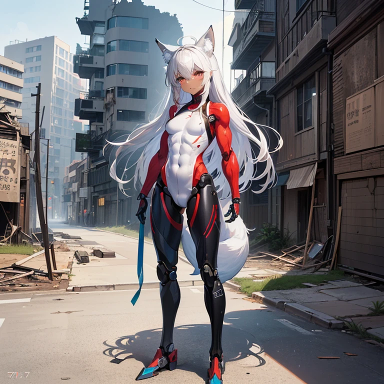 (Fox Girl, Fox Ears, Silver Hair, Fox Makeup, One Girl, Long Hair, Alone on the screen, dark skin, High definition:1.6), (mecha musume, Machinery Parts,Robot Joints, White and red clothes, Full body mechanical suit:1.8), (Body measurements are 75-60-75!, Young girl body, Small breasts, Proudly, Standing posture, slender, muscle:1.9), Avatar, face, 色っぽいface, Dominant representation, naughty face, Uplifting, Skin Texture, outside, ruins, Ruined City, Broken Building, There are no people