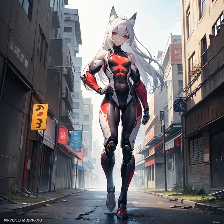 (Fox Girl, Fox Ears, Silver Hair, Fox Makeup, One Girl, Long Hair, Alone on the screen, dark skin, High definition:1.6), (mecha musume, Machinery Parts,Robot Joints, White and red clothes, Full body mechanical suit:1.8), (Body measurements are 75-60-75!, Young girl body, Small breasts, Proudly, Standing posture, slender, muscle:1.9), Avatar, face, 色っぽいface, Dominant representation, naughty face, Uplifting, Skin Texture, outside, ruins, Ruined City, Broken Building, There are no people