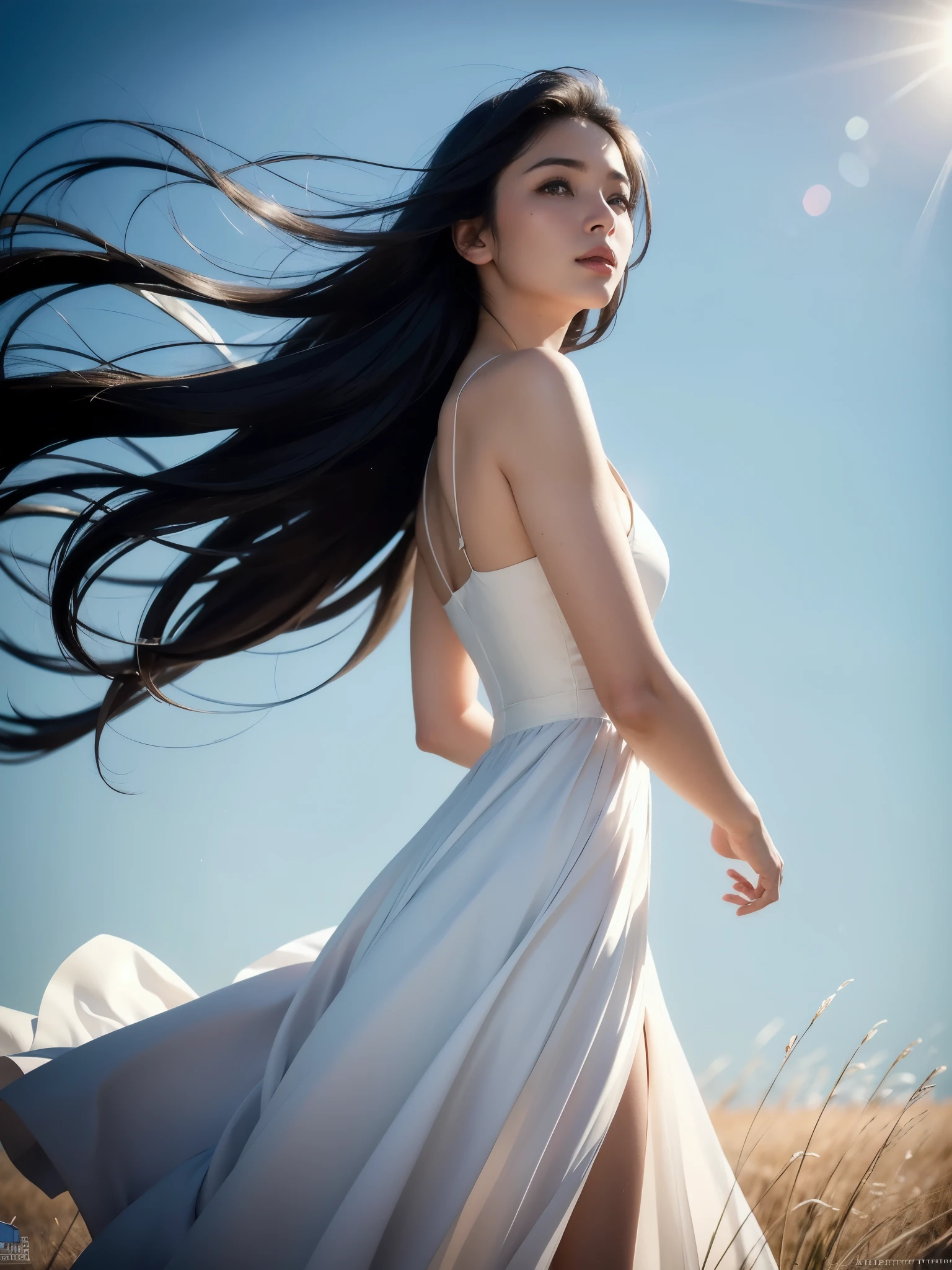 Beneath the open blue sky, a lone figure stands amidst a sunlit field. Her long black hair dances in the gentle breeze, a stark contrast to the purity of her white dress. The natural light bathes her in a soft, cinematic glow, emphasizing the intricate details of her skin. This scene is a masterpiece of serene beauty and meticulous artistry.