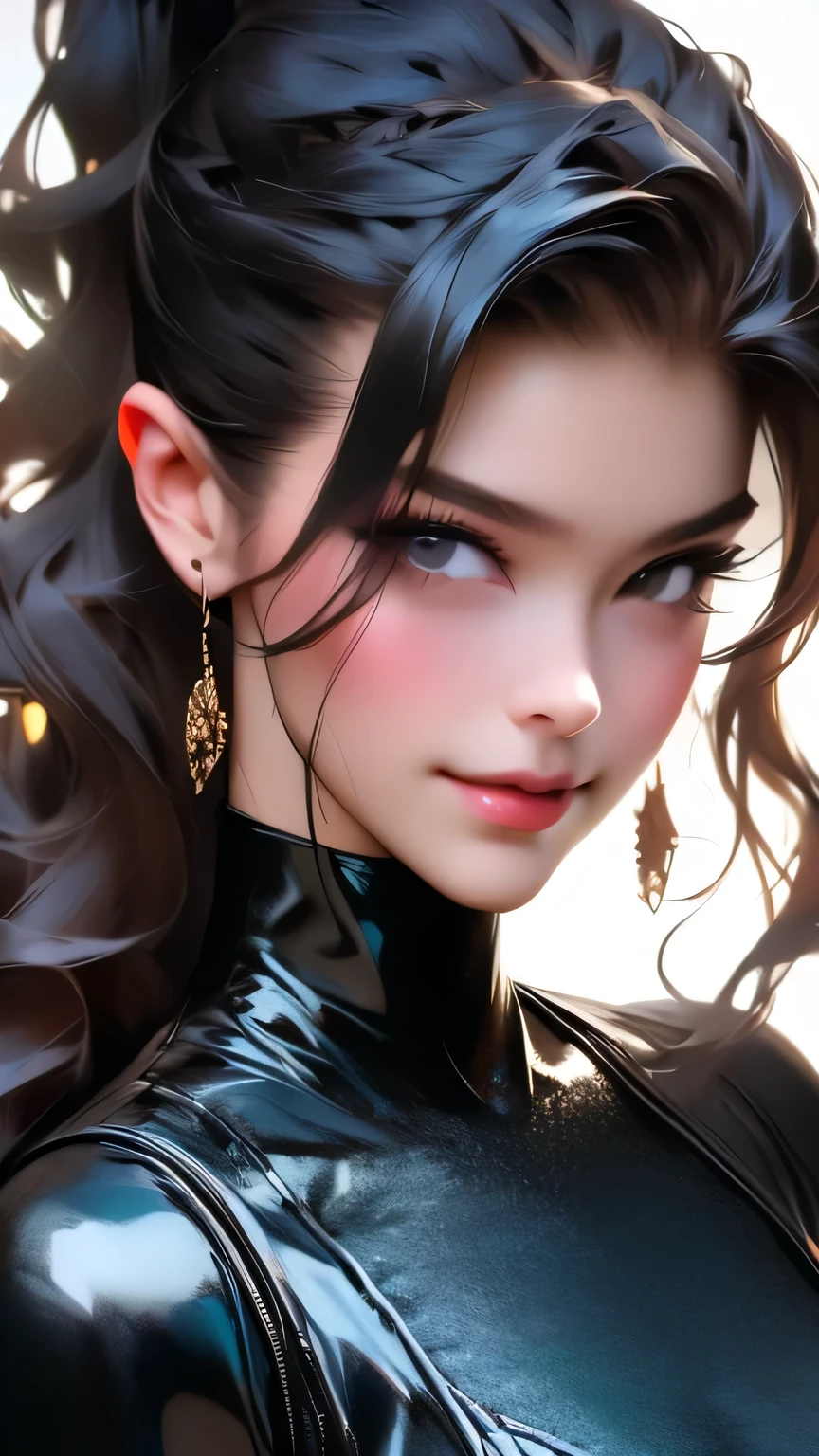 Beautiful woman with good style, (Black latex leotard), detailed, 8k、detailedな顔, detailedな体, detailedな髪, detailedな目で、(Long Wavy Hair:ponytail)、masterpiece, 最high quality, high quality, High resolution, (Jungle Background), (((Face close-up)))、Face close-up、Closed mouth smile