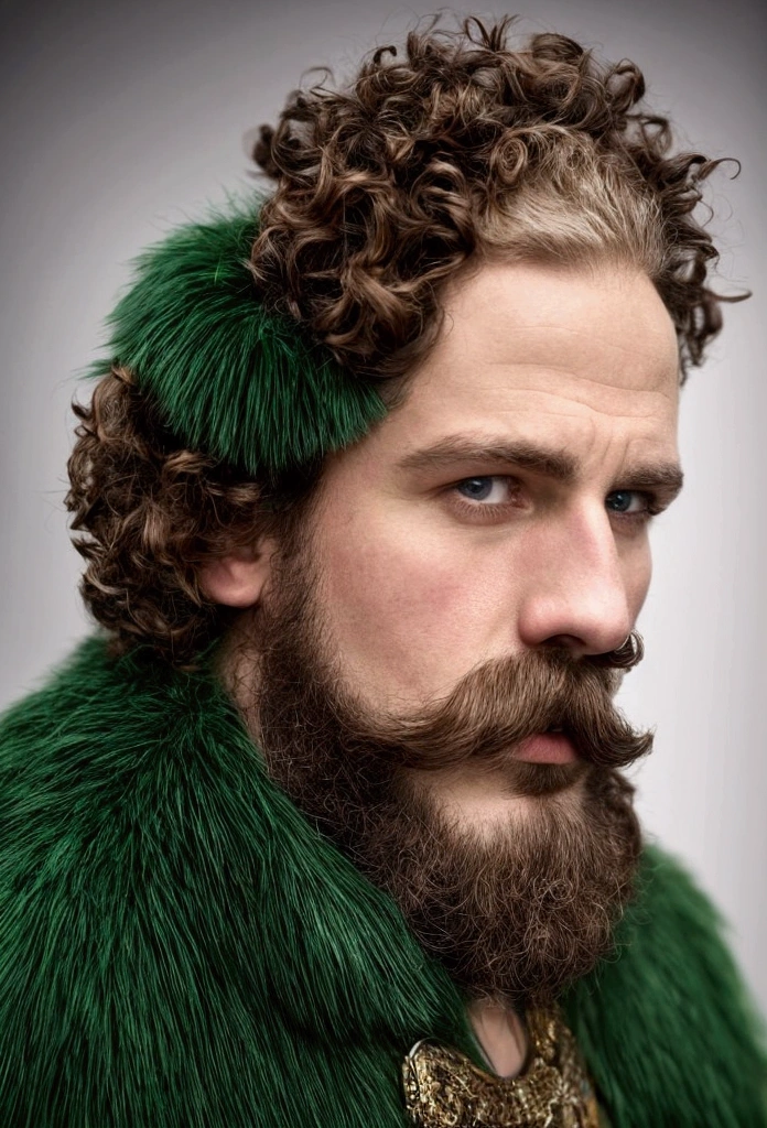 Short-haired, curly, white-skinned, king with a mustache and stubble, with brown eyes,Dressed in dark green royal clothes, with a stern, cold look, with thick eyebrows. with a crown on his head  against the backdrop of a brutal castle  