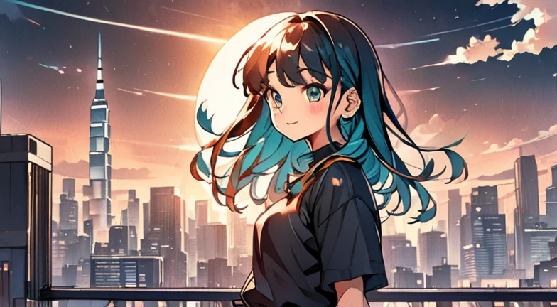Retro Girl, the 90s, (Line art:1.2), skyscraper