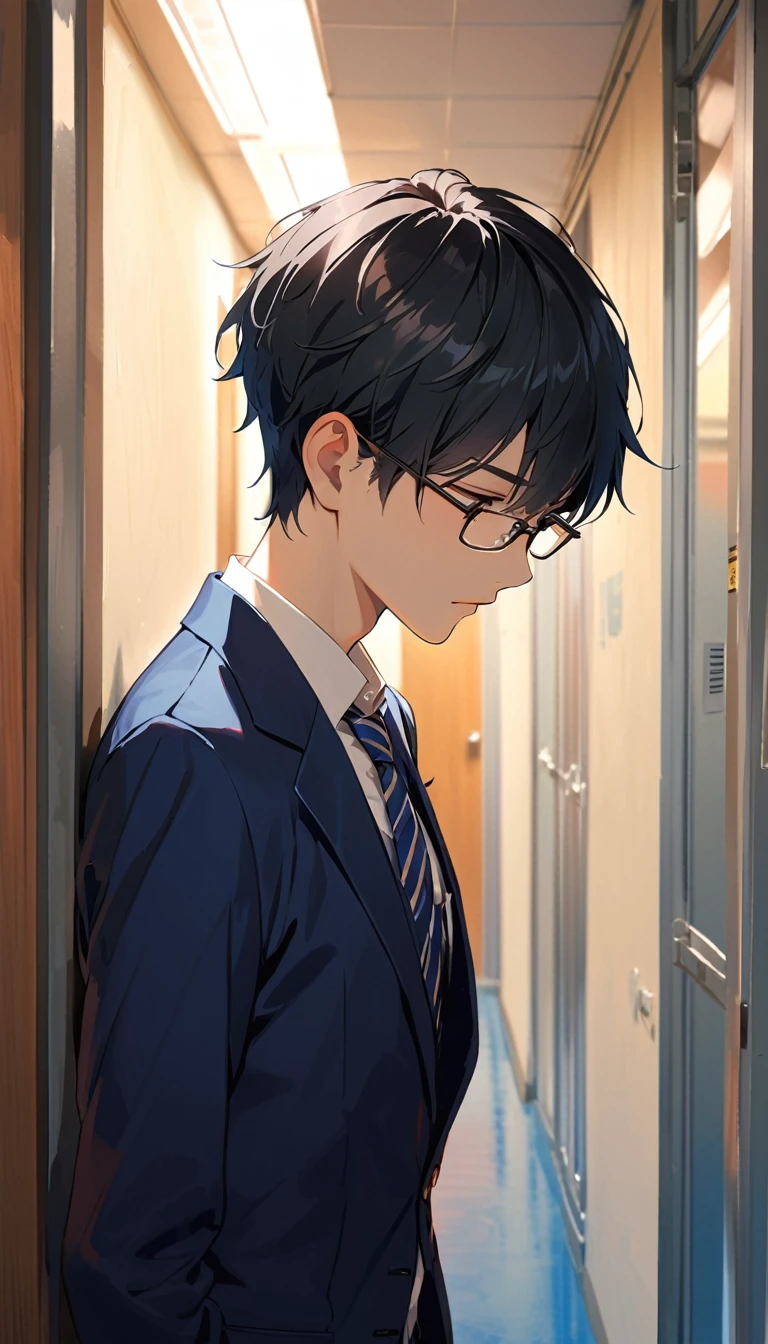 18 years old, a handsome boy, Black Hair, Short Hair,Glasses, blazer, high school student,Introvert,Are standing,Looking down,corridor