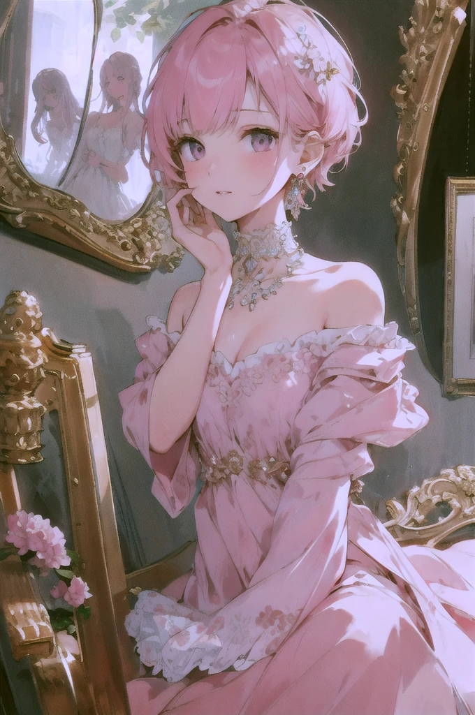 Highest quality, Ultra-high resolution, Beautiful face in every detail, masterpiece, beauty, Precision, Detailed illustrations,Pink Shorthair,Lots of earrings,Facing forward and resting one's chin on one's hand,Baby Face,arrogant,Taunt,profile,Nihilistic smile,strong,Rape Eyes,Patterned Shirt
