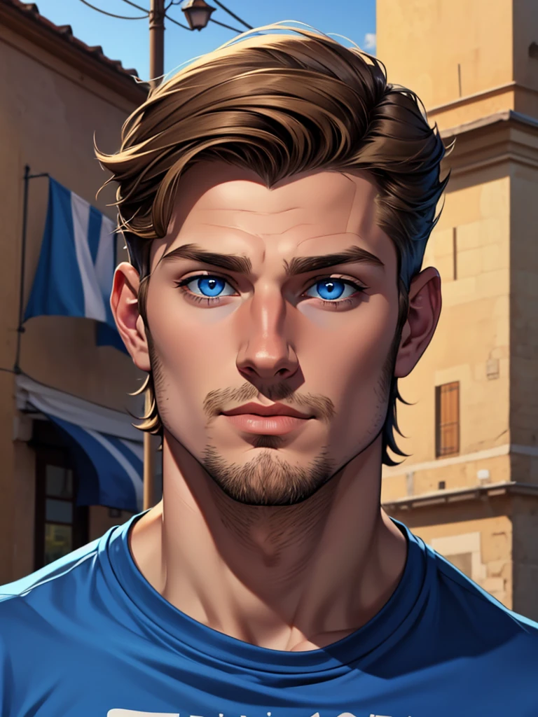 (dark blond boy), (blue colored eyes), (Caucasian skin), (close no rosto) (thin goatee), (social t-shirt), (italian)