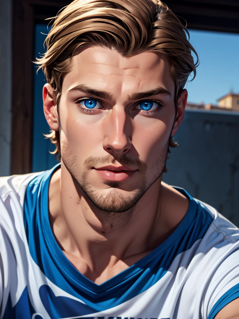 (dark blond boy), (blue colored eyes), (Caucasian skin), (close no rosto) (thin goatee), (social t-shirt), (italian)