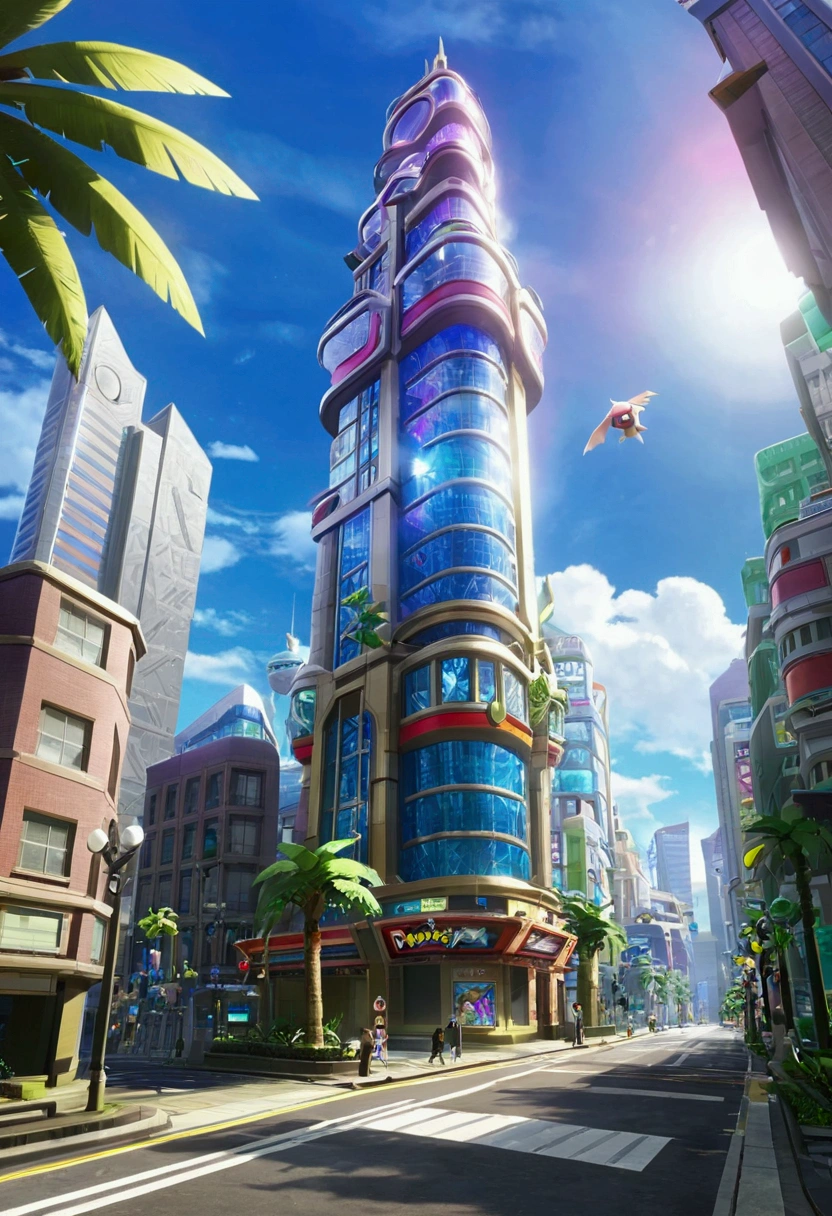 Pokémon Legends Z-A, eco futuristic Lumiose City prism tower, palm tree lined street