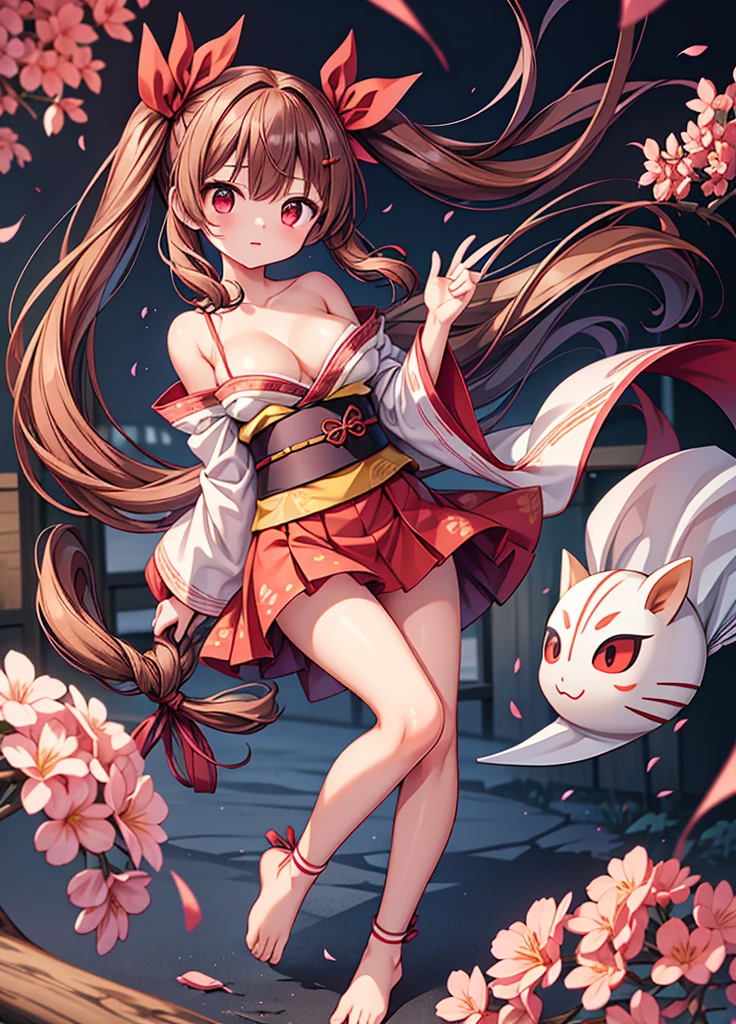 1girl, solo, long hair, breasts, looking at viewer, bangs, brown hair, hair ornament, red eyes, ribbon, holding, cleavage, bare shoulders, twintails, full body, japanese clothes, shoes, barefoot, kimono, blurry, red ribbon, sash, mask, floating hair, obi, pink ribbon, shoes removed, single shoe