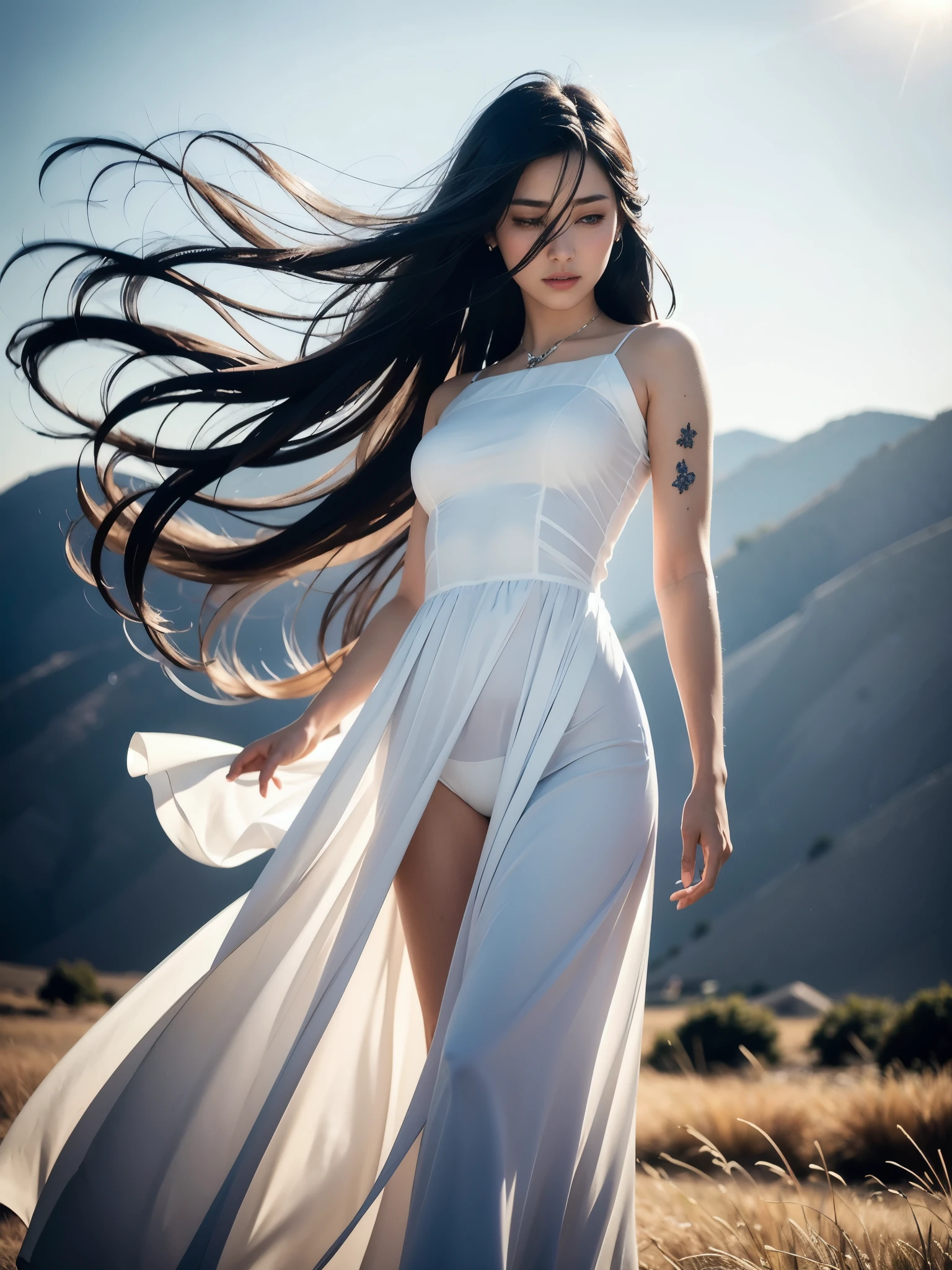 Beneath the open blue sky, a lone figure stands amidst a sunlit field. Her long black hair dances in the gentle breeze, a stark contrast to the purity of her white dress. The natural light bathes her in a soft, cinematic glow, emphasizing the intricate details of her skin. This scene is a masterpiece of serene beauty and meticulous artistry.