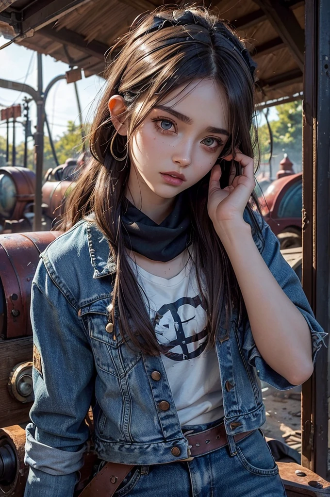 (depressed emotion expression:1.3), (style of yousuf karsh:1.2), 24 year old gorgeous swedish woman,  [:[[modest-size bosom]]:0.5],  roller set, and tie-dye hippie head band ([action portrait candid:high fashion studio lighting:0.5]:1.3), (upper body shot, solo focus, cinematic photoshoot of perfect seductive young woman Rediscovering an Abandoned Amusement Park:1.15), (24 years old, skinny, slender, young woman:1.15), (Oval-shaped face, luminous complexion, Bright almond-shaped eyes, Arched defined eyebrows, small upturned nose, bow-shaped lips:1.1) vibrant graffiti art, rusty roller coaster backdrop, tattered scarves, distressed leather jacket, makeshift shelters among broken rides, abandoned amusement park reclaimed by nature, with overgrown vines entwining rusted rides and a hauntingly beautiful aura as twilight filters through the foliage. [post-apocalyptic chic], urban zombie survival theme, dramatic evening lighting casting long shadows, (fearless expression:1.15), red weathered jacket with frayed edges, resistance, survival, [layered over a faded black T-shirt with a humorous, slightly rebellious slogan], denim jeans torn strategically distressed, homemade bandage on her wrist, makeshift survival tool strapped to her leg, practical worn leather boots, scuffed at the toes, bandana, fingerless gloves, scratched functional digital wristwatch determined gaze with smudged eyeliner, stands confidently, survivor dystopian world, carrying demolition axe, (zombies on the ground), (small gnome statue:1.1)
