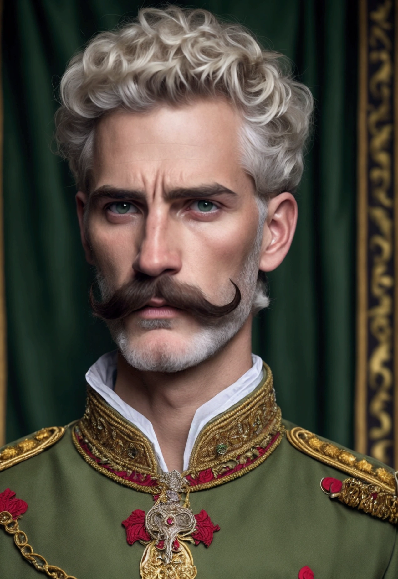 Short-haired, curly, white-skinned, king with a mustache and stubble, with brown eyes,Dressed in dark green royal clothes, with a stern, cold look, with thick eyebrows. with a crown on his head against the backdrop of a brutal castle