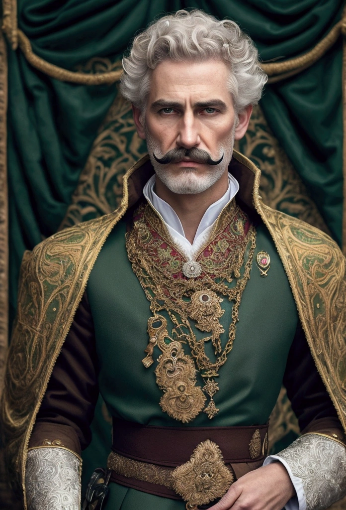 Short-haired, curly, white-skinned, king with a mustache and stubble, with brown eyes,Dressed in dark green royal clothes, with a stern, cold look, with thick eyebrows. with a crown on his head against the backdrop of a brutal castle