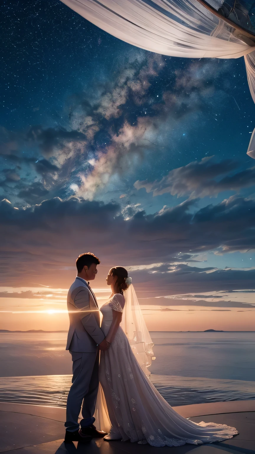 An image suitable for a YouTube Shorts video inspired by a global message of love, peace, and unity. The scene features a serene night sky filled with stars, symbolizing the 8 billion people around the world. In the foreground, there is a glowing heart symbolizing love and unity. Soft, gentle light emanates from the heart, illuminating the surrounding landscape. The background includes elements representing hope and peace, such as doves and soft clouds. The overall atmosphere should be calm, respectful, and uplifting, capturing the essence of a special wedding ceremony and a global message of harmony. The colors should be soft and harmonious, creating a sense of peace and spiritual reflection. The aspect ratio should be 16:9 and vertical.