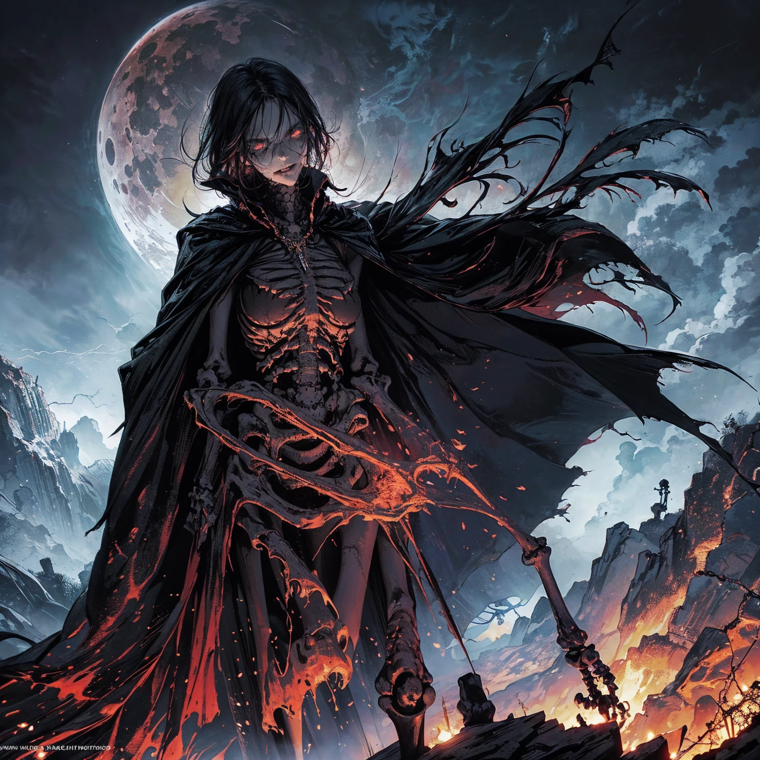 full-body shot, best quality, 4K, high resolution, masterpiece, Very detailed, Mood lighting, An undead girl in a long cape, Whole body including hands & arms & legs & feet are all skeleton bones but except the head is still beautiful human face, Wearing a ragged gothic skirt, Aloofness emotion, Dangerous sneer, Beautiful but sad smile, Black Hair, Standing, Facing the camera, Crucified, Pitch black sky, Blood-red moon, strange atmosphere, Gothic style, Unforgettable beauty, Dramatic shadows, Ethereal Light, Mysterious atmosphere.