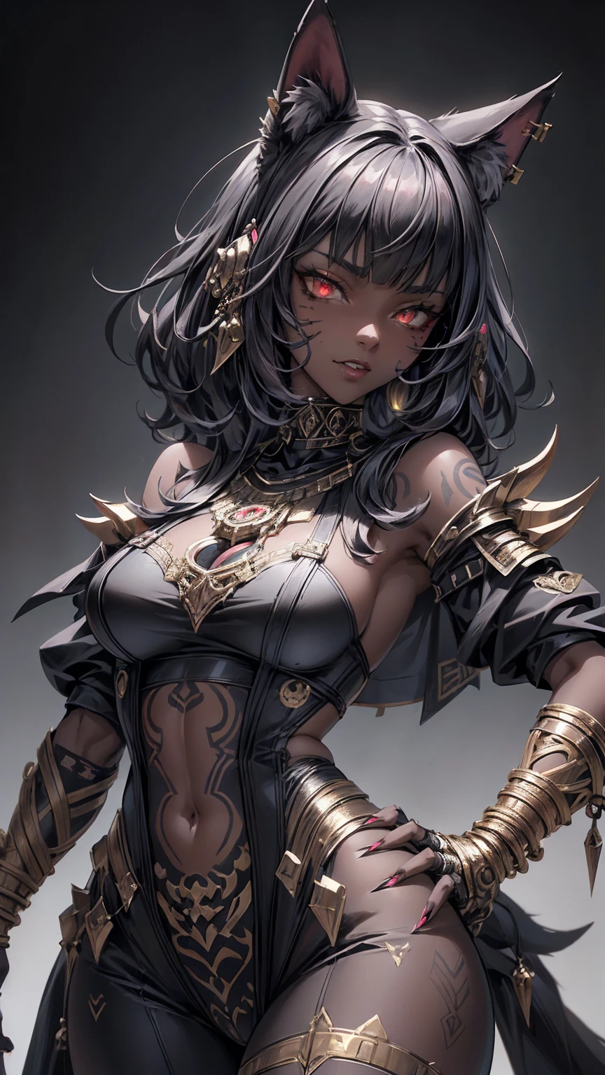 1girl, bastet, werewolf monster girl, evil look, sexi, claws, demonic armor, facepaint, bodypaint, red glowing eyes, combat stance, dark aura, menacing, psychotic, highly detailed, vibrant appearance, creative behavior, imaginative, sensual, spontaneous, highest quality, skin texture, intricate details, (cinematic lighting), RAW photo, 8k, masterpiece,best quality,ultra-detailed,very detailed illustrations,extremely detailed,intricate details,highres,super complex details,extremely detailed 8k cg wallpaper,