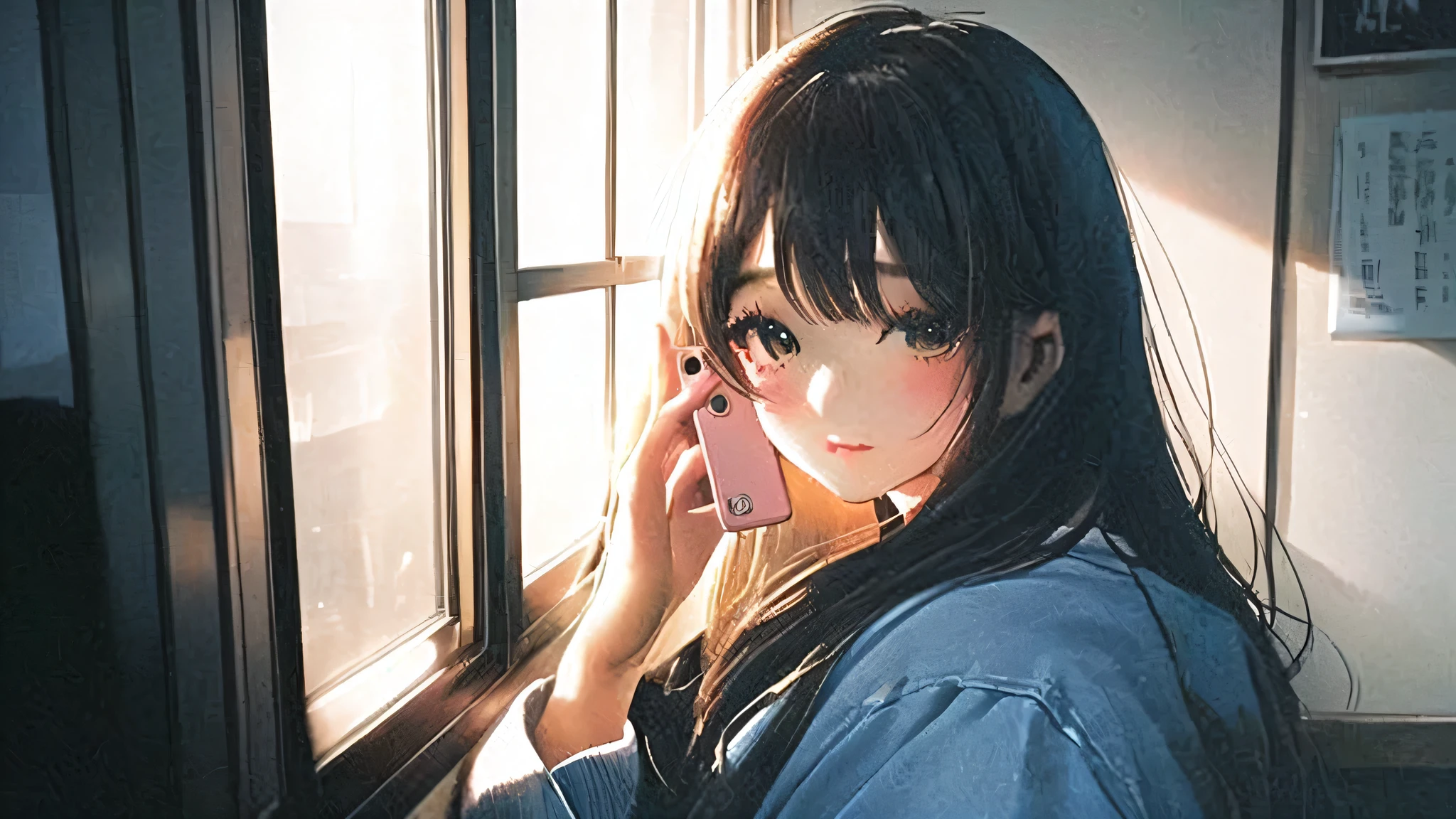 There is a woman looking at her mobile phone, Lo-fi portrait by the window, Bae Suzy, Ulzzang, Shot with Canon 35mm lens, LOFI Girl, Fujicolor Photo, Fujicolor Sample, light falling on face, Torii Qing Yuan Works, Shin Jinyoung, Collected by Kawauchi