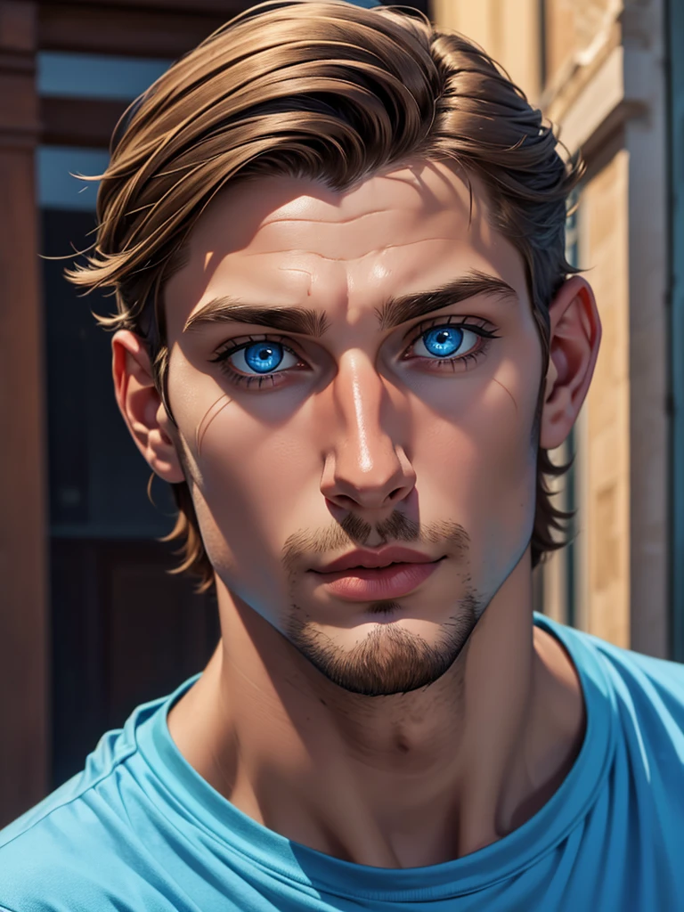 (dark blond young boy), (blue colored eyes), (Caucasian skin), (close no rosto) (thin goatee), (social t-shirt), (italian)