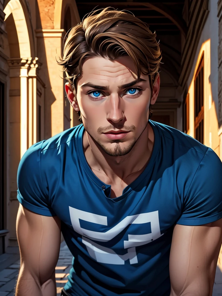 (dark blond young boy), (blue colored eyes), (Caucasian skin), (close no rosto) (thin goatee), (social t-shirt), (italian)